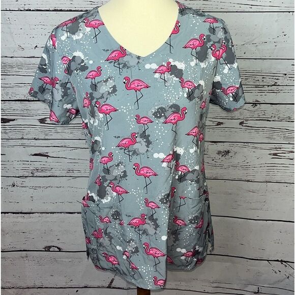 Zoe + Chloe Gray Flamingo Scrub Top - Picture 3 of 7